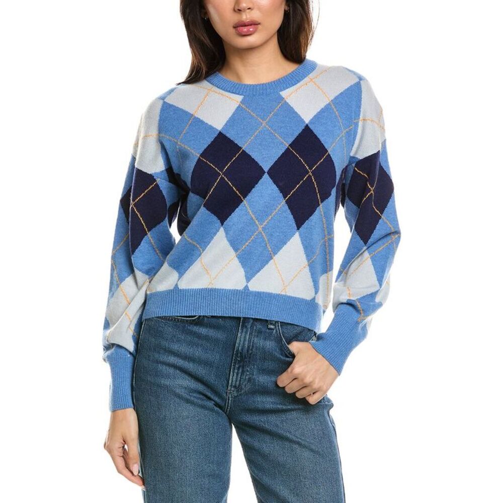 Brodie Cashmere Womens  Argyle Balloon Sleeve Crewneck Wool & Cashmere-Blend